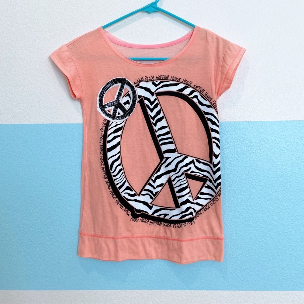 Justice Peach Colored Zebra Sequin Peace Sign Tee